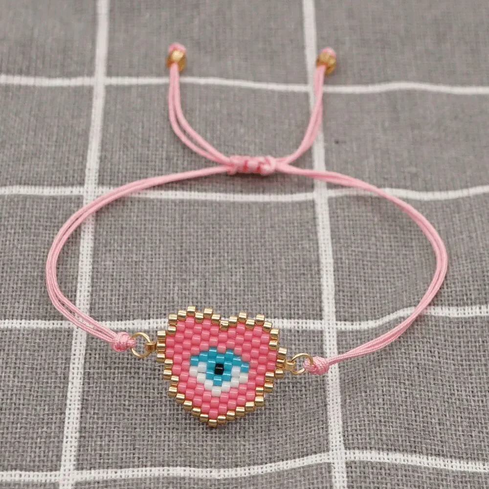 Miyuki Delica Pink Heart Shaped Evil Eye Seed Bead Bracelet